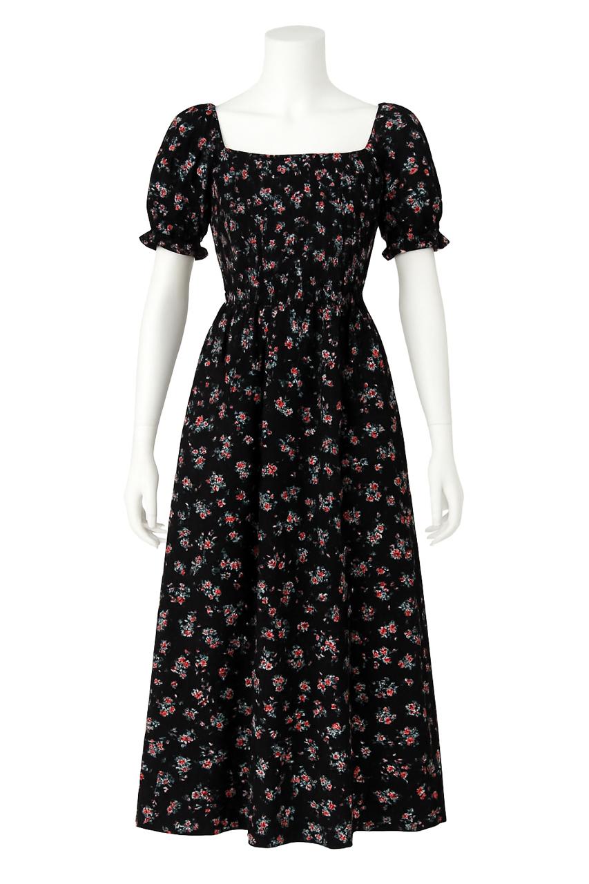 Women's black floral printed sundress with puff sleeve