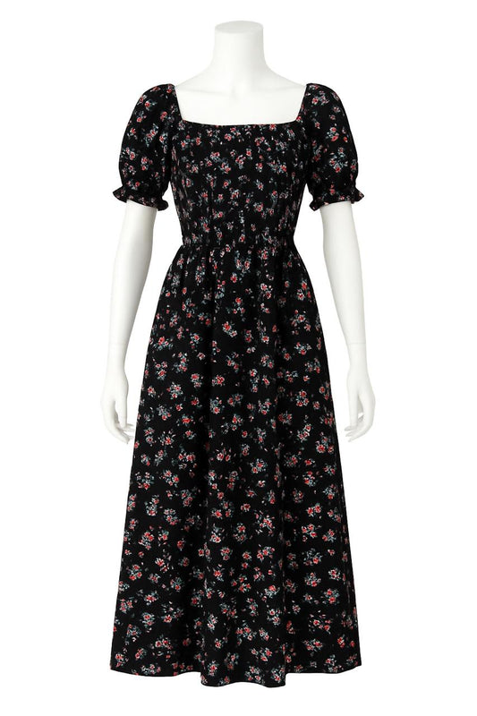 Women's black floral printed sundress with puff sleeve