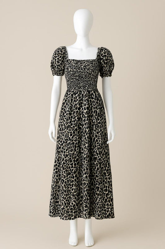 Women's black printed sundress with puff sleeve