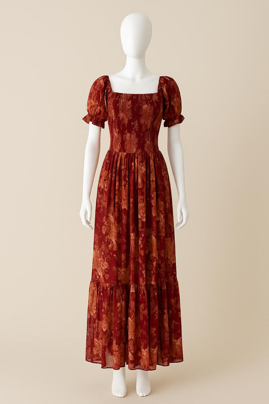 Women's maroon printed sundress with puff sleeve
