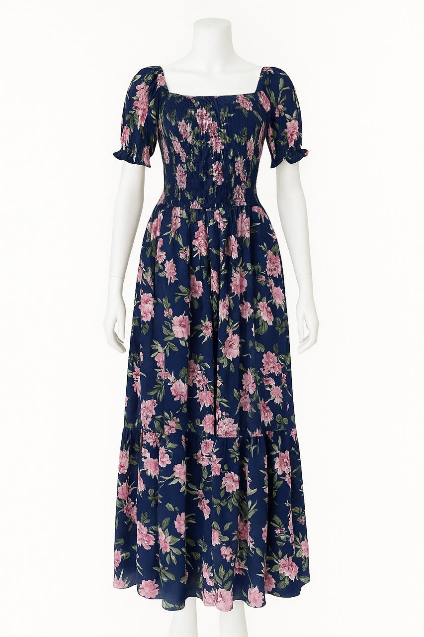 Women's navy blue printed sundress with puff sleeve