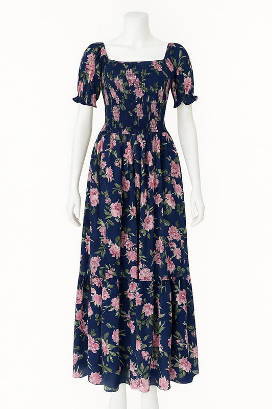 Women's navy blue printed sundress with puff sleeve