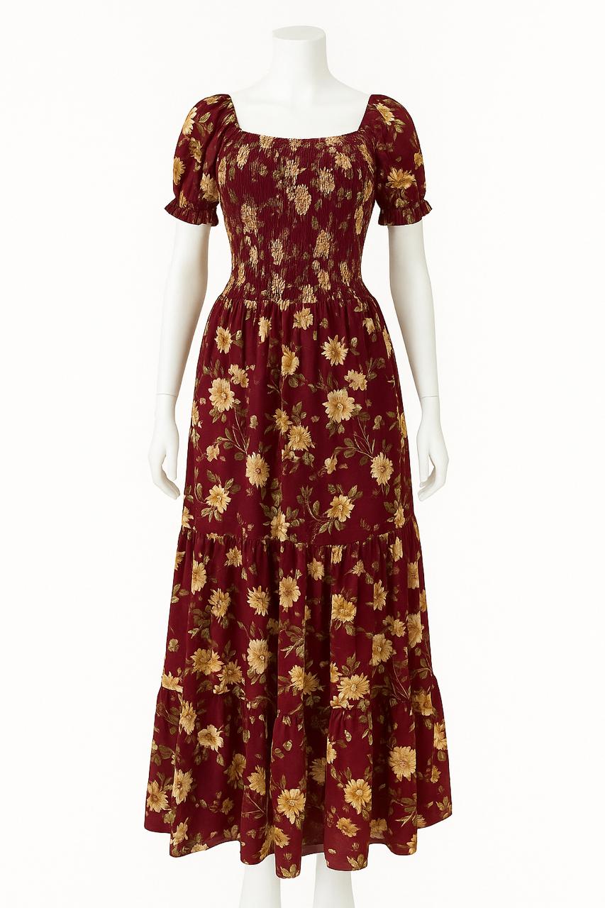 Women's maroon leaf printed sundress with puff sleeve