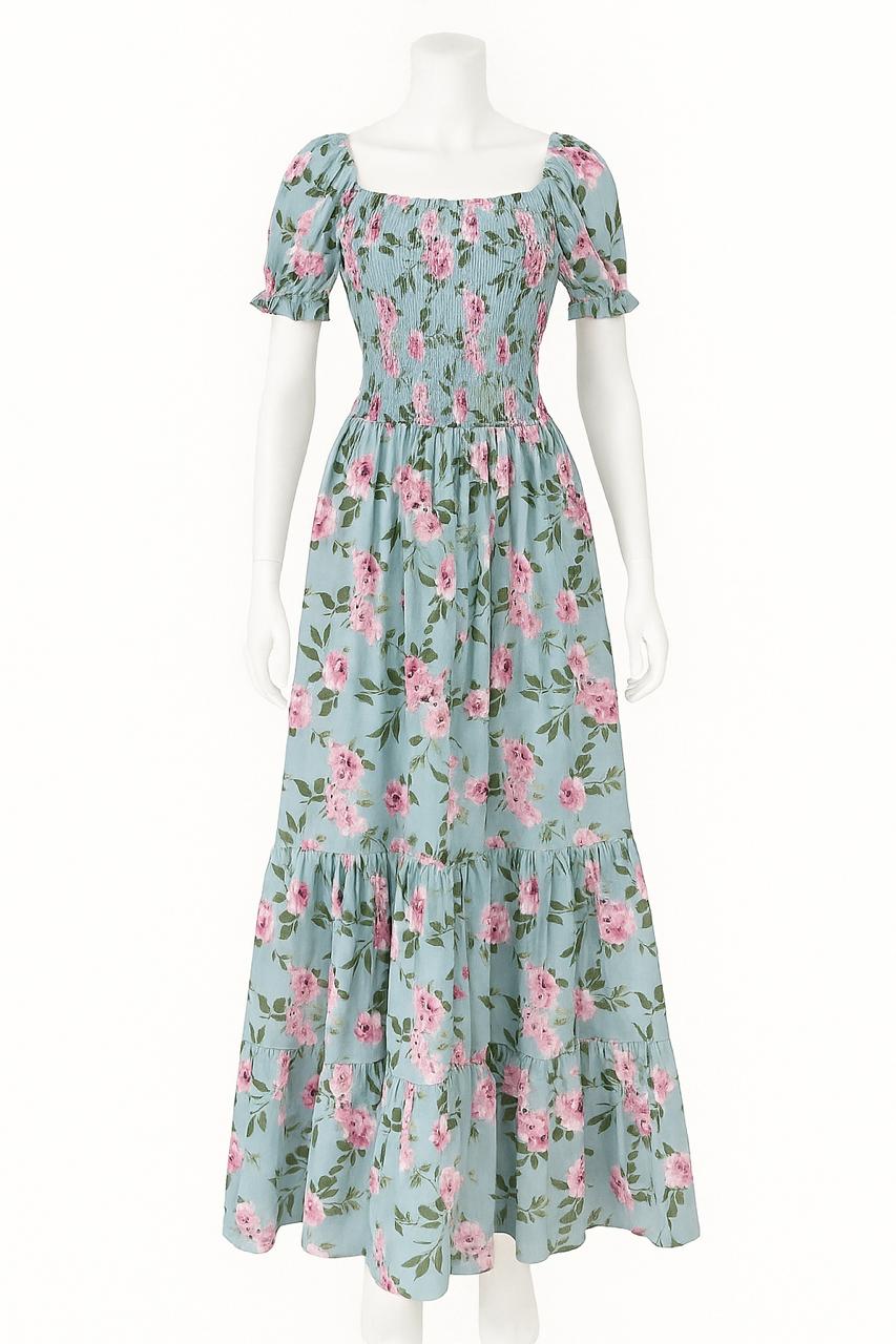 Women's steel blue printed sundress with puff sleeve