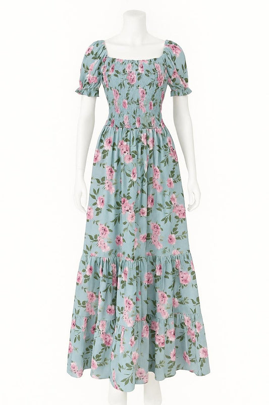 Women's steel blue printed sundress with puff sleeve