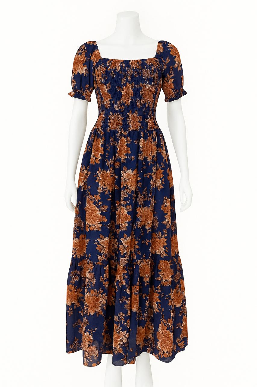 Women's navy blue leaf printed sundress with puff sleeve