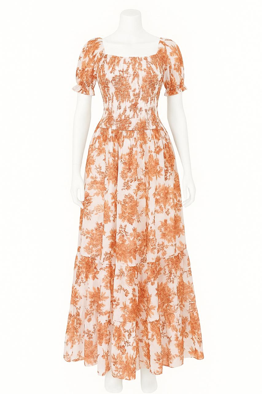 Women's orange & white printed sundress with puff sleeve