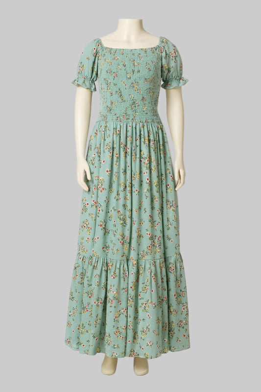 Women's matt blue printed sundress with puff sleeve