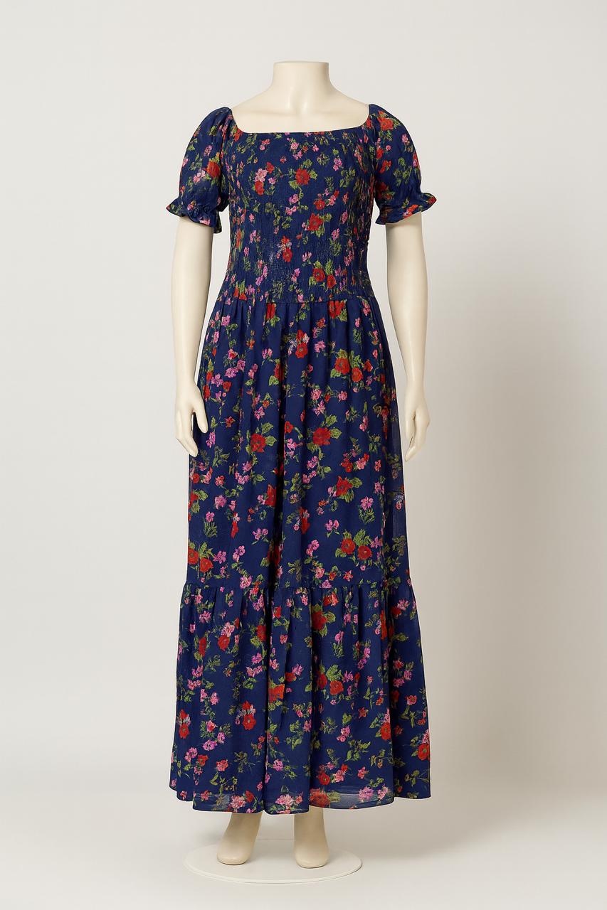 Women's navy blue printed sundress with puff sleeve
