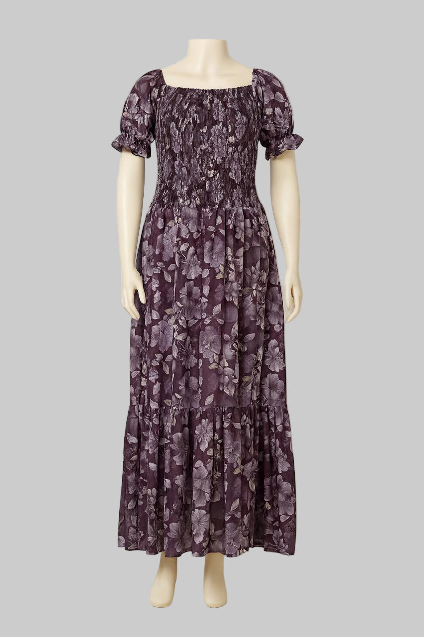 Women's maroon printed sundress with puff sleeve