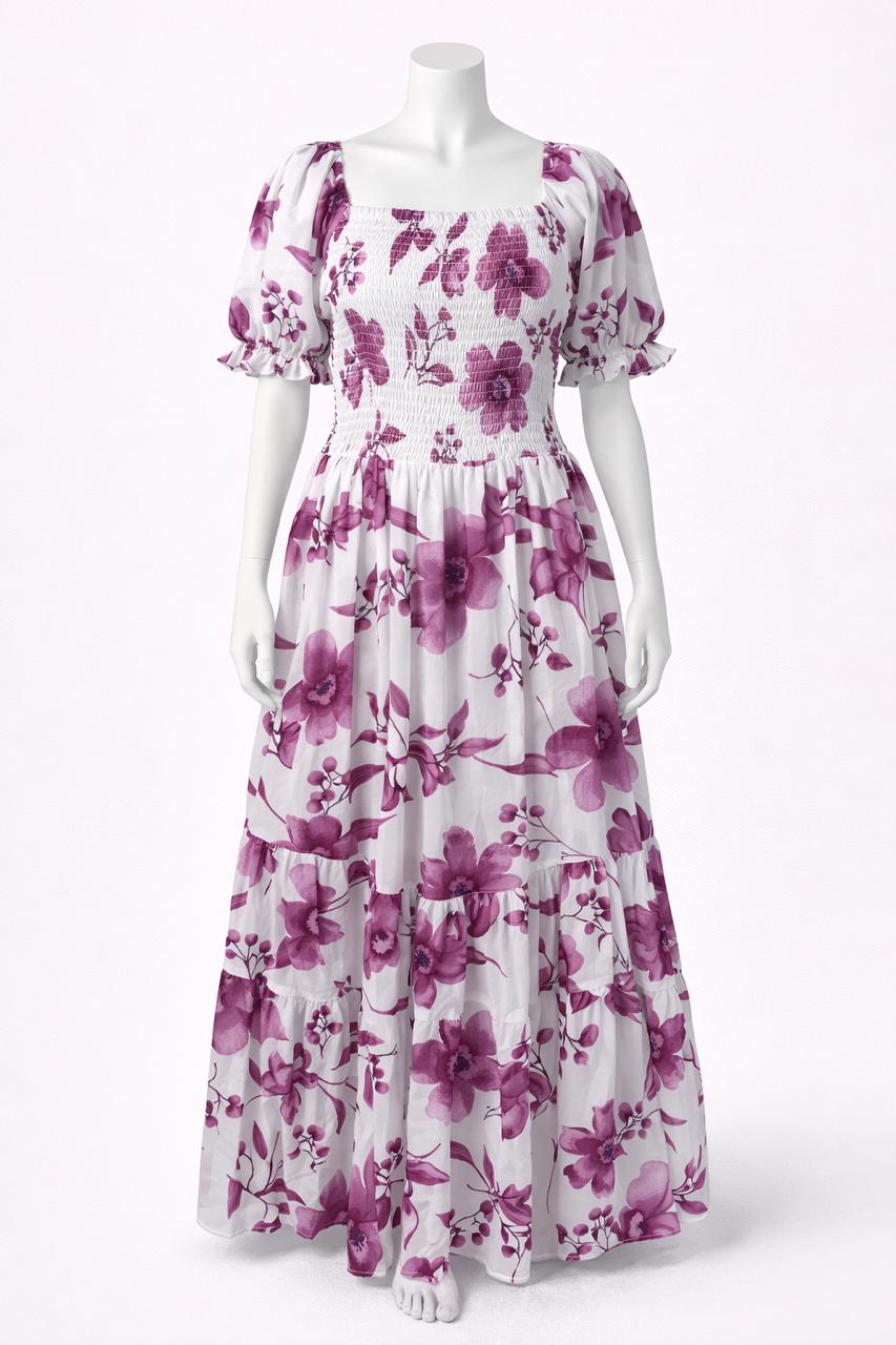 Women's white & pink flower printed sundress with puff sleeve