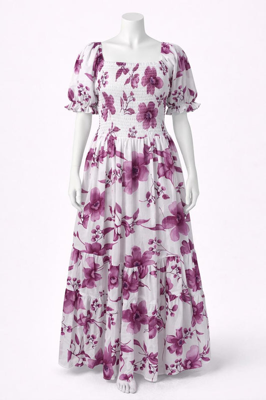 Women's white & pink flower printed sundress with puff sleeve