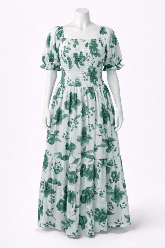 Women's white & green flower printed sundress with puff sleeve