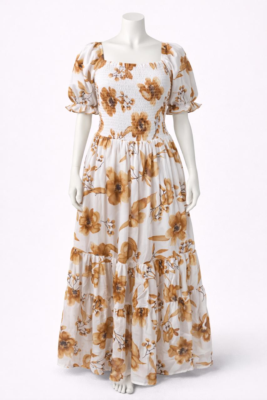 Women's white & yellow flower printed sundress with puff sleeve