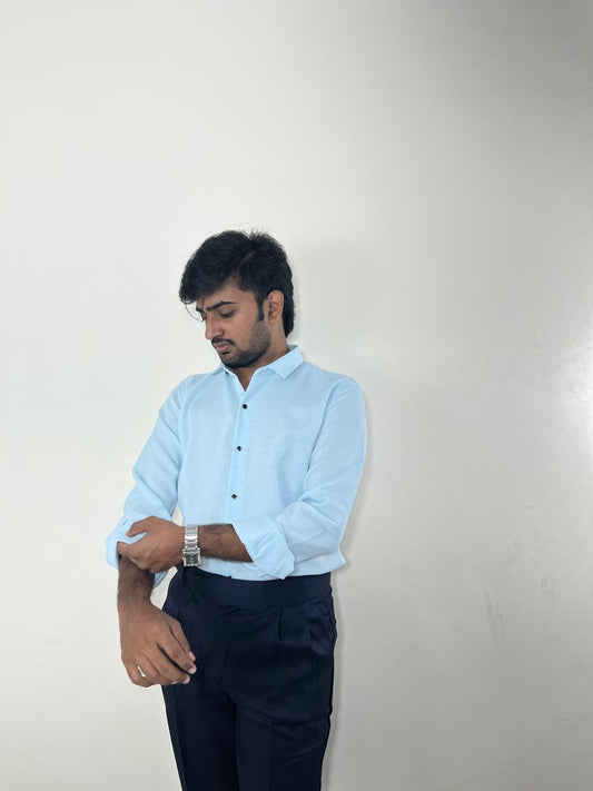 Pastel blue linen shirt & Navy blue linen Gurkha pants set