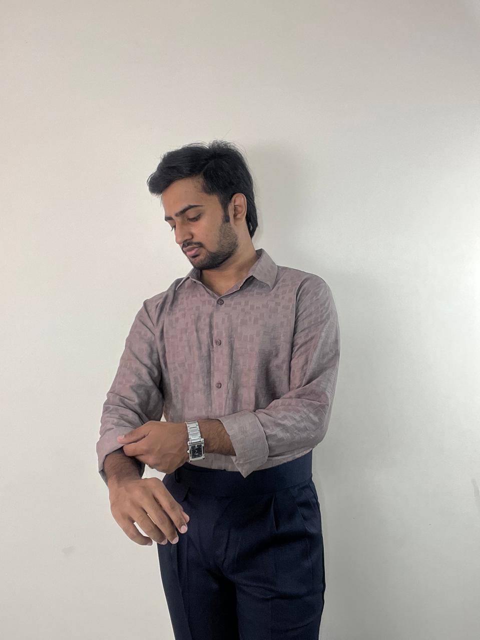 Mauve taupe textured self-design shirt & Navy blue linen Gurkha pants set