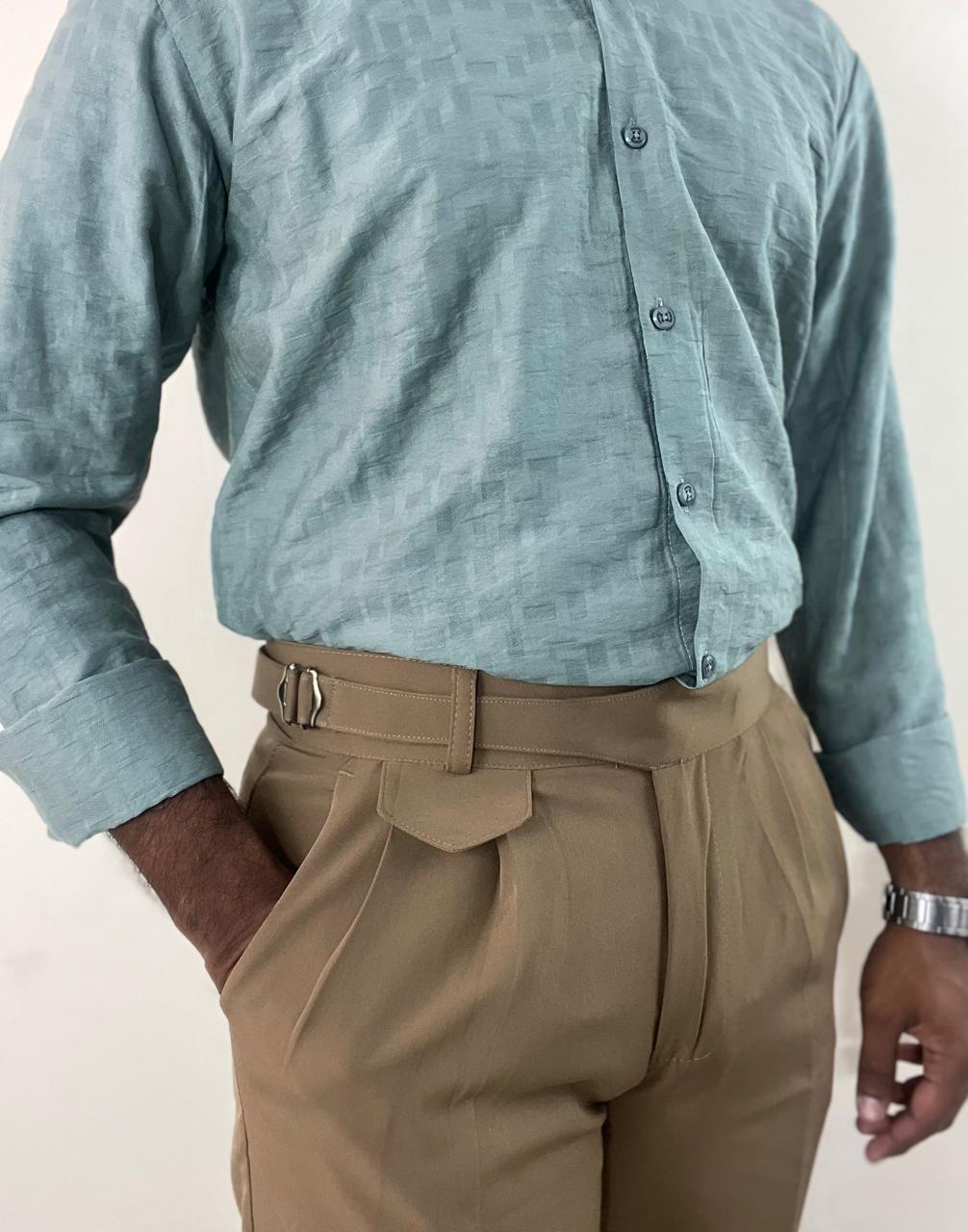 Sage teal self-design shirt & Khaki pants set