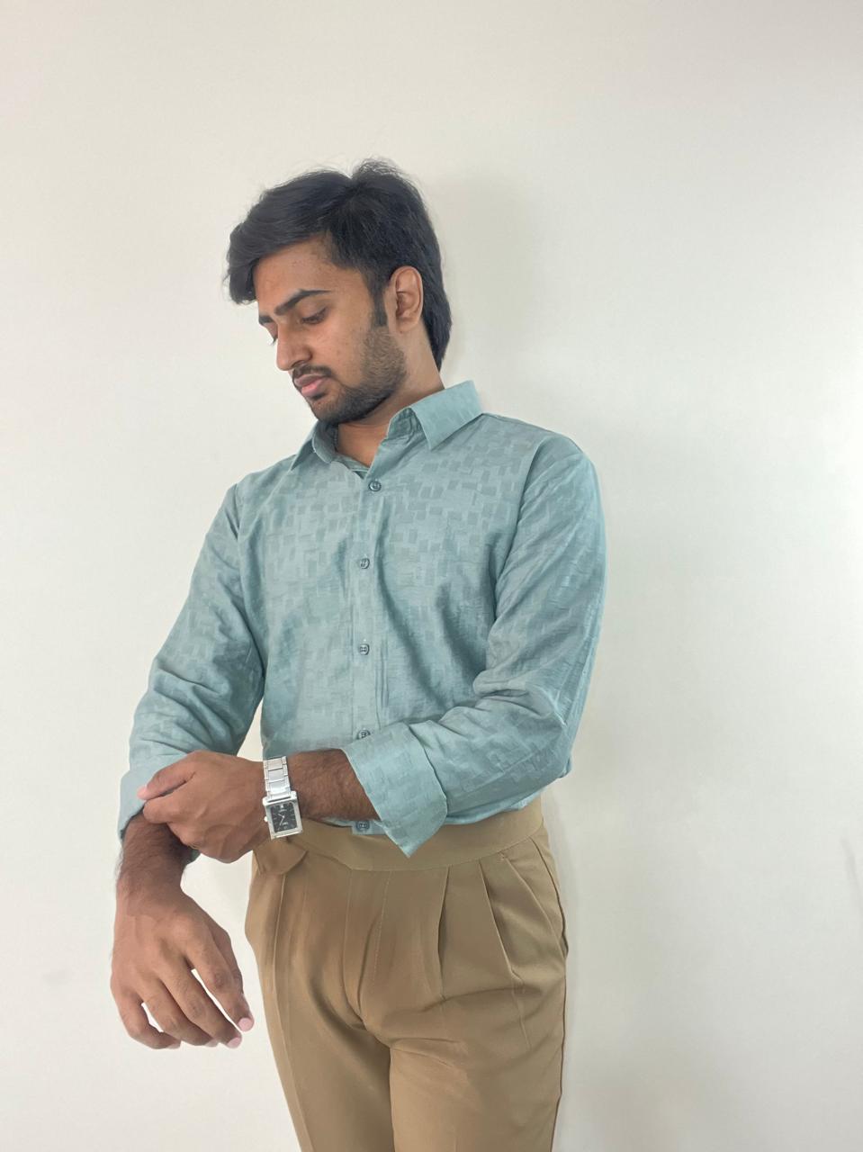 Sage teal self-design shirt & Khaki pants set