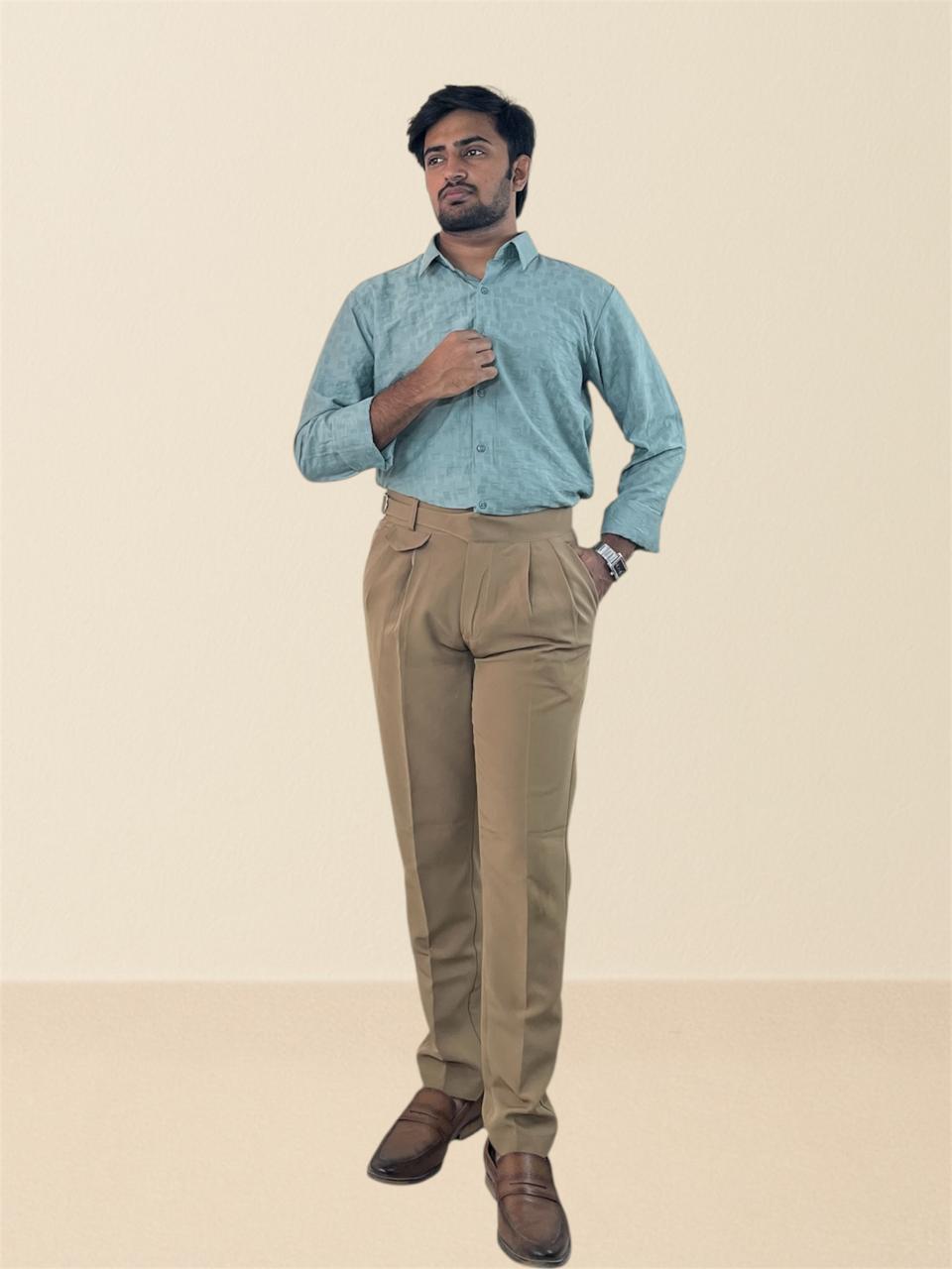 Sage teal self-design shirt & Khaki pants set