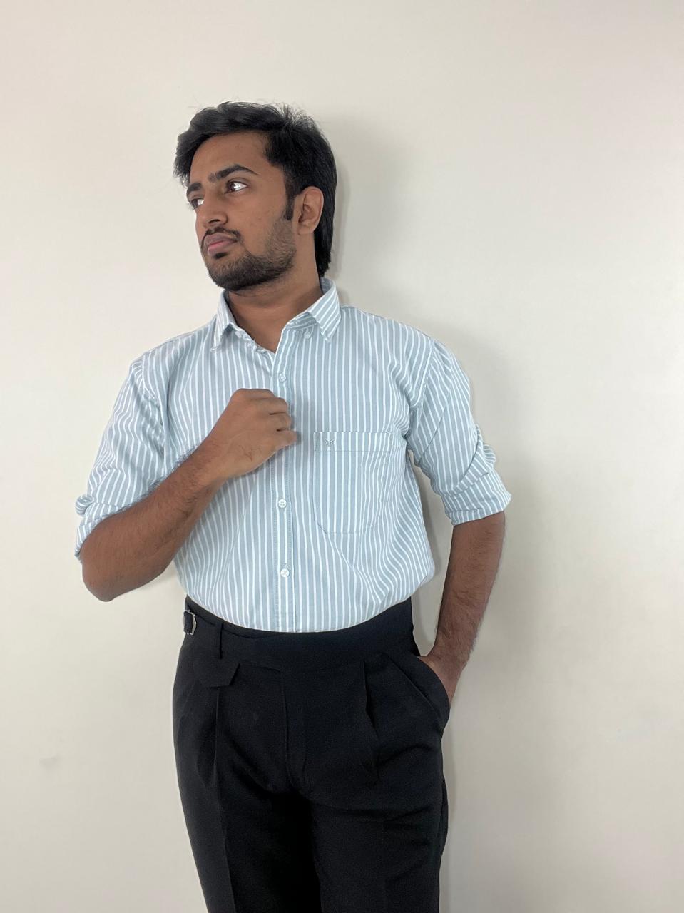 Ash grey striped oxford shirt & black linen Grukha pants set