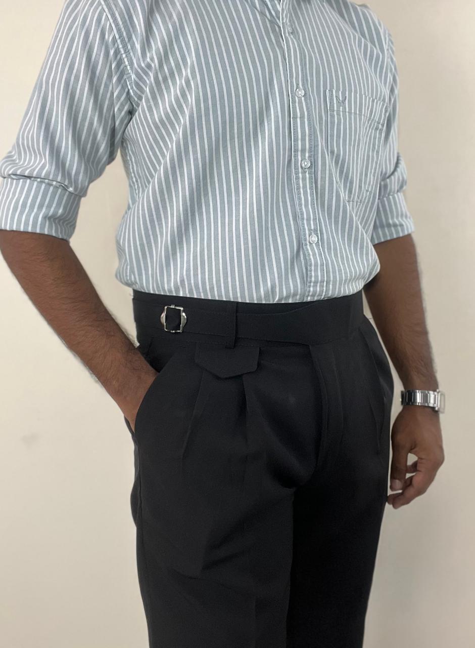 Ash grey striped oxford shirt & black linen Grukha pants set