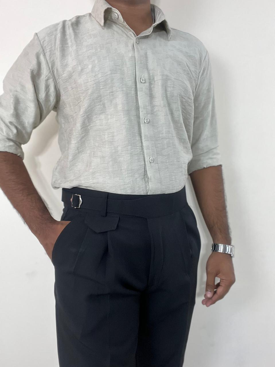 Ivory mist self-design shirt & black linen Gurkha pant set