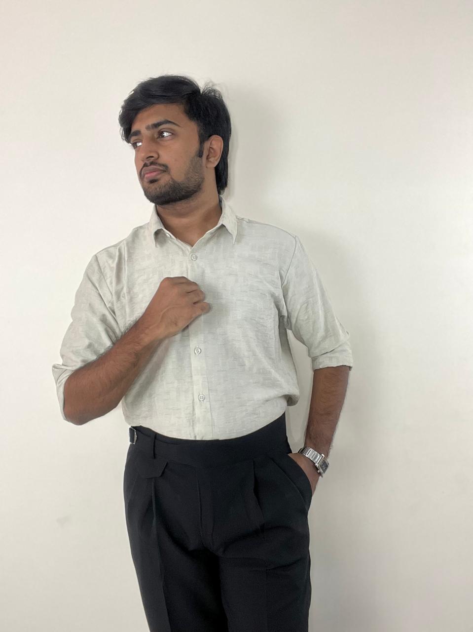 Ivory mist self-design shirt & black linen Gurkha pant set