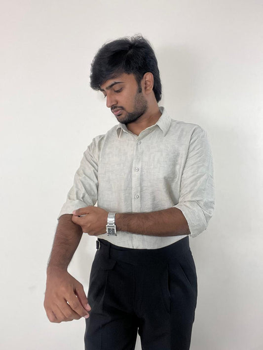 Ivory mist self-design shirt & black linen Gurkha pant set