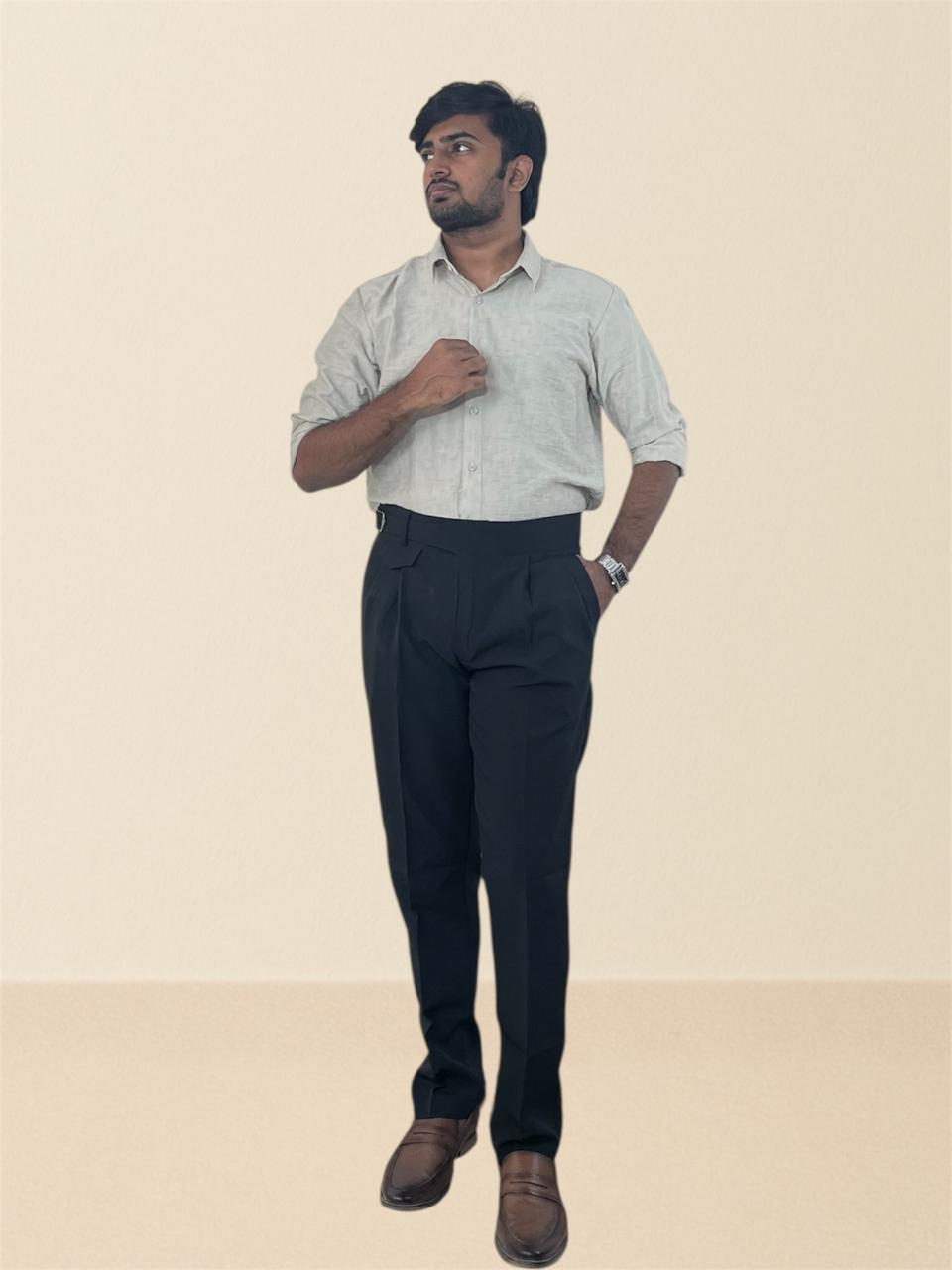 Ivory mist self-design shirt & black linen Gurkha pant set