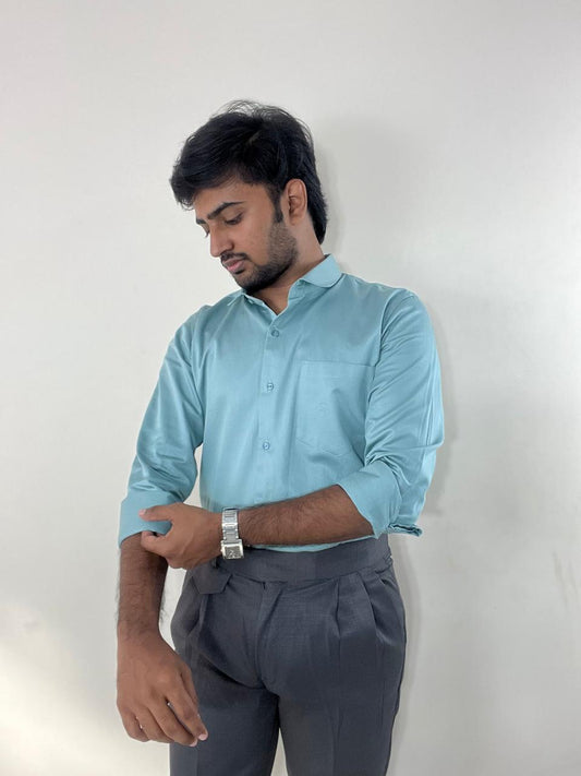 Sage green satin shirt & grey linen Gurkha pants set