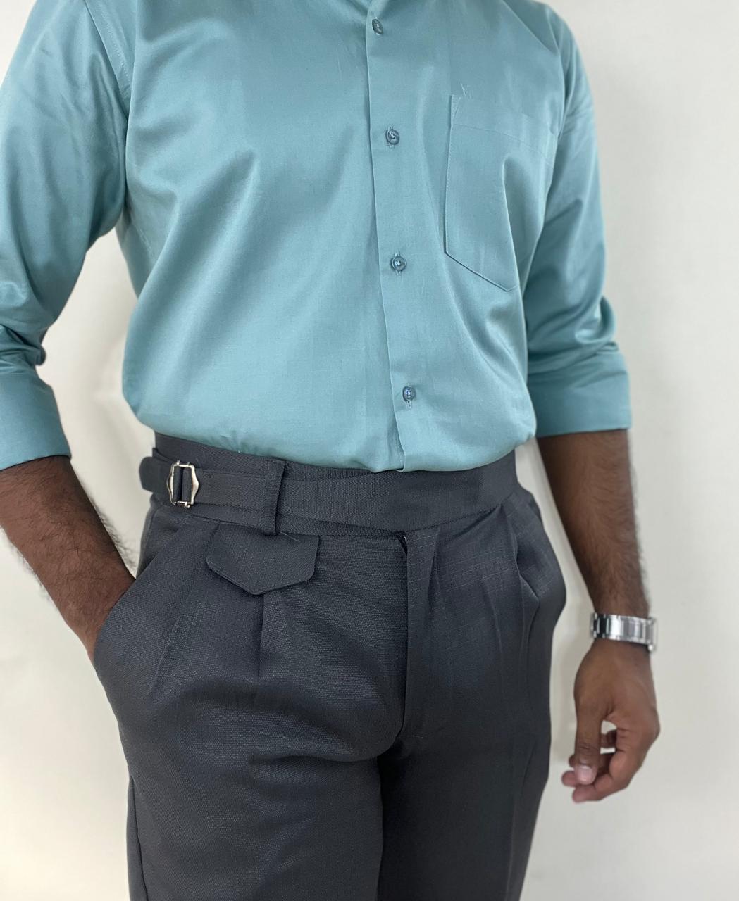 Sage green satin shirt & grey linen Gurkha pants set