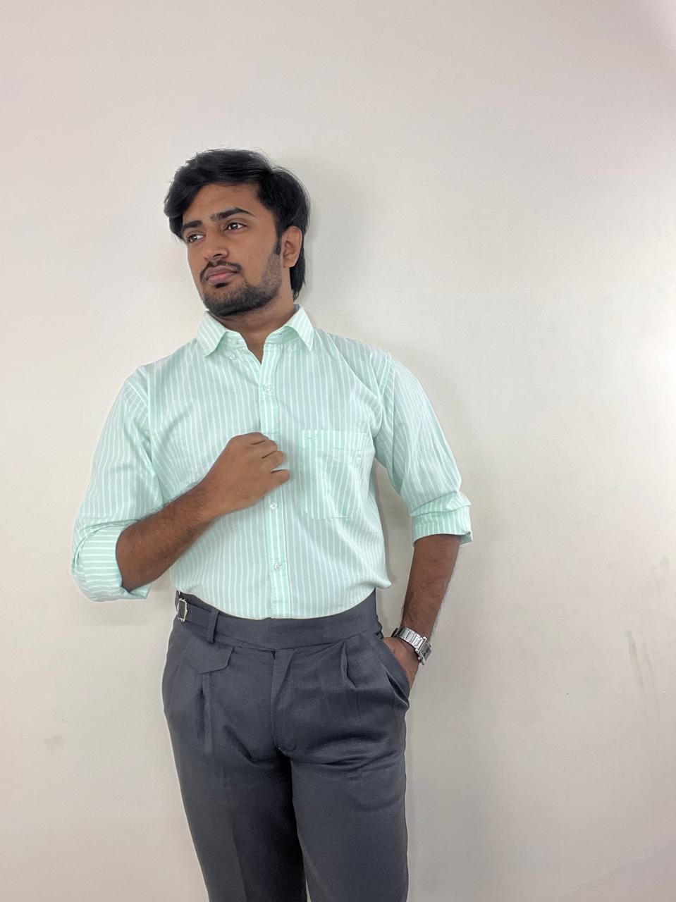 Mint green striped oxford shirt & grey linen Gurkha pants set