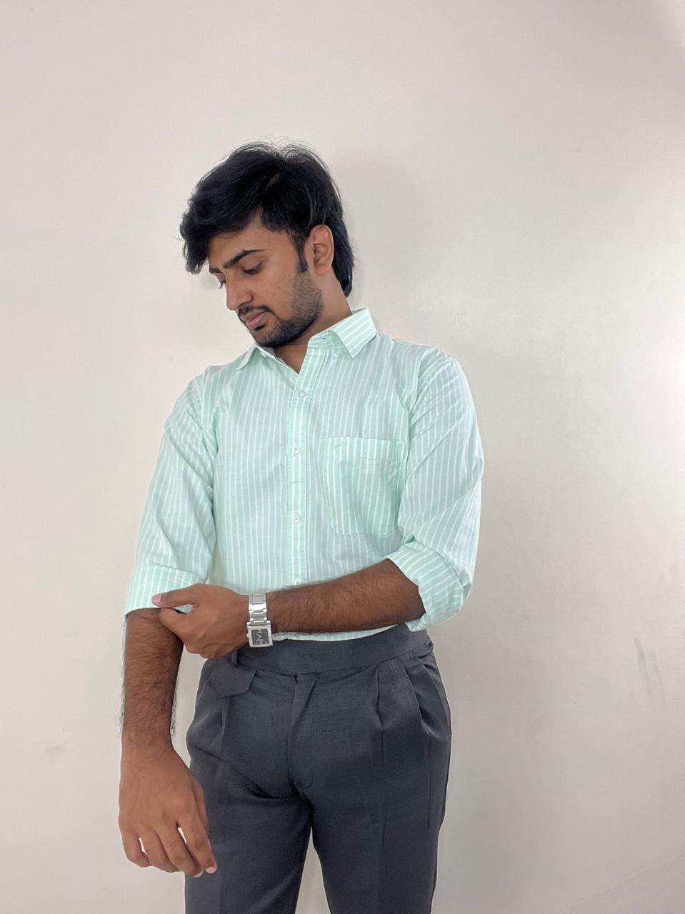 Mint green striped oxford shirt & grey linen Gurkha pants set