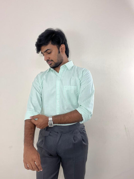 Mint green striped oxford shirt & grey linen Gurkha pants set