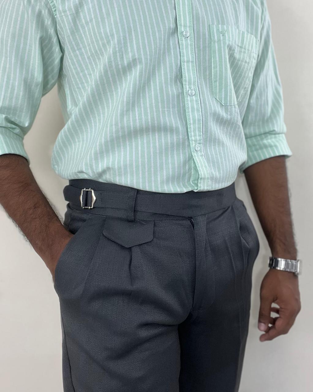 Mint green striped oxford shirt & grey linen Gurkha pants set