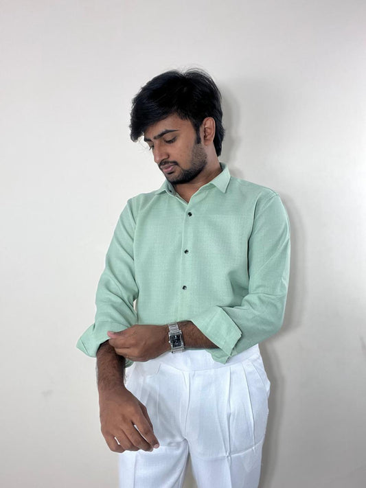 Pastel green linen shirt & white linen Gurkha pants set
