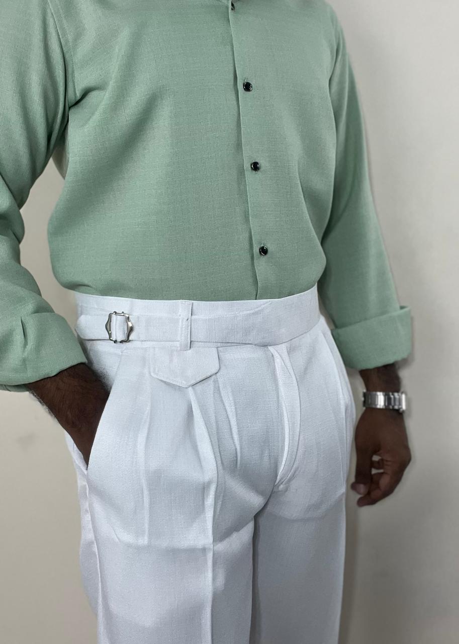 Pastel green linen shirt & white linen Gurkha pants set