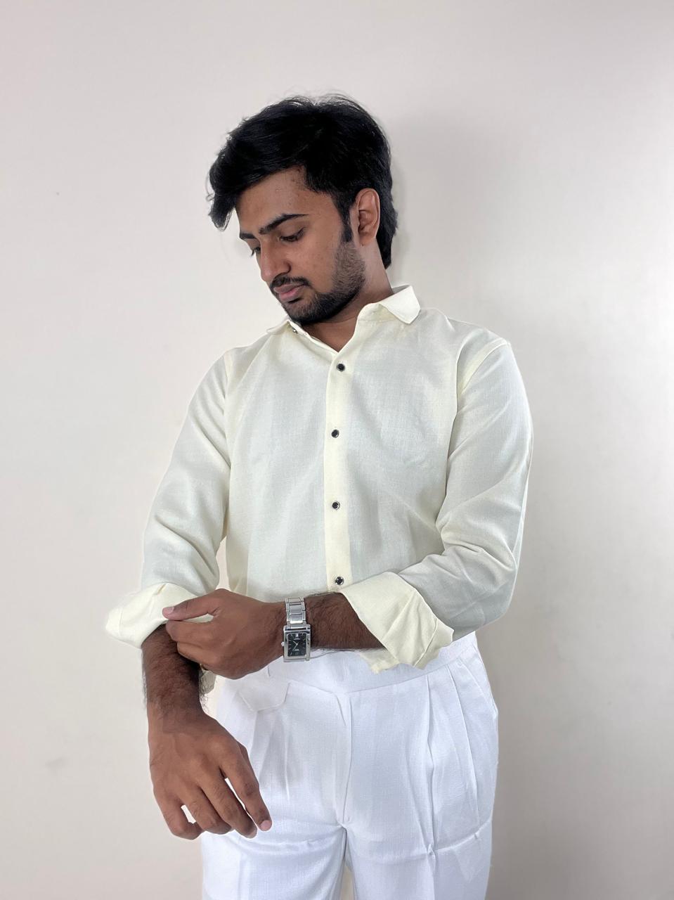 Pastel yellow linen shirt & White linen Gurkha pants set