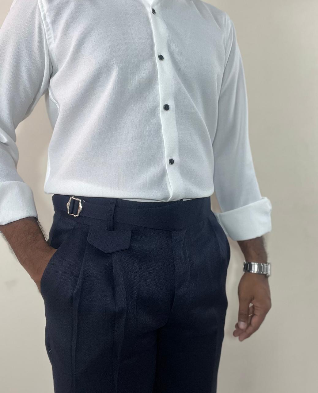 White linen shirt & Navy blue linen Gurkha pants set