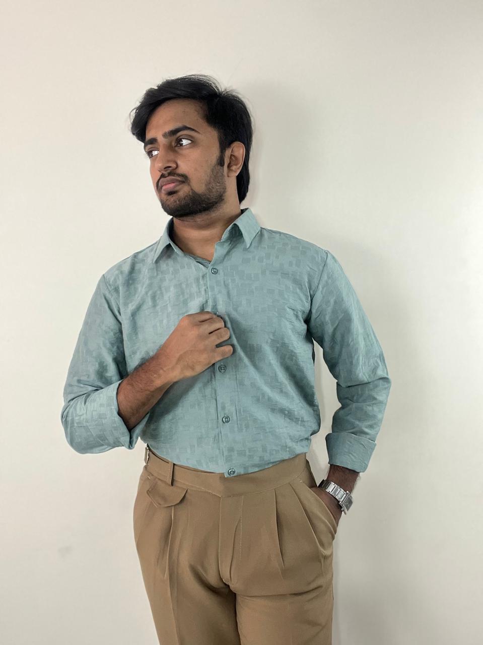 Sage teal self-design shirt & Khaki pants set