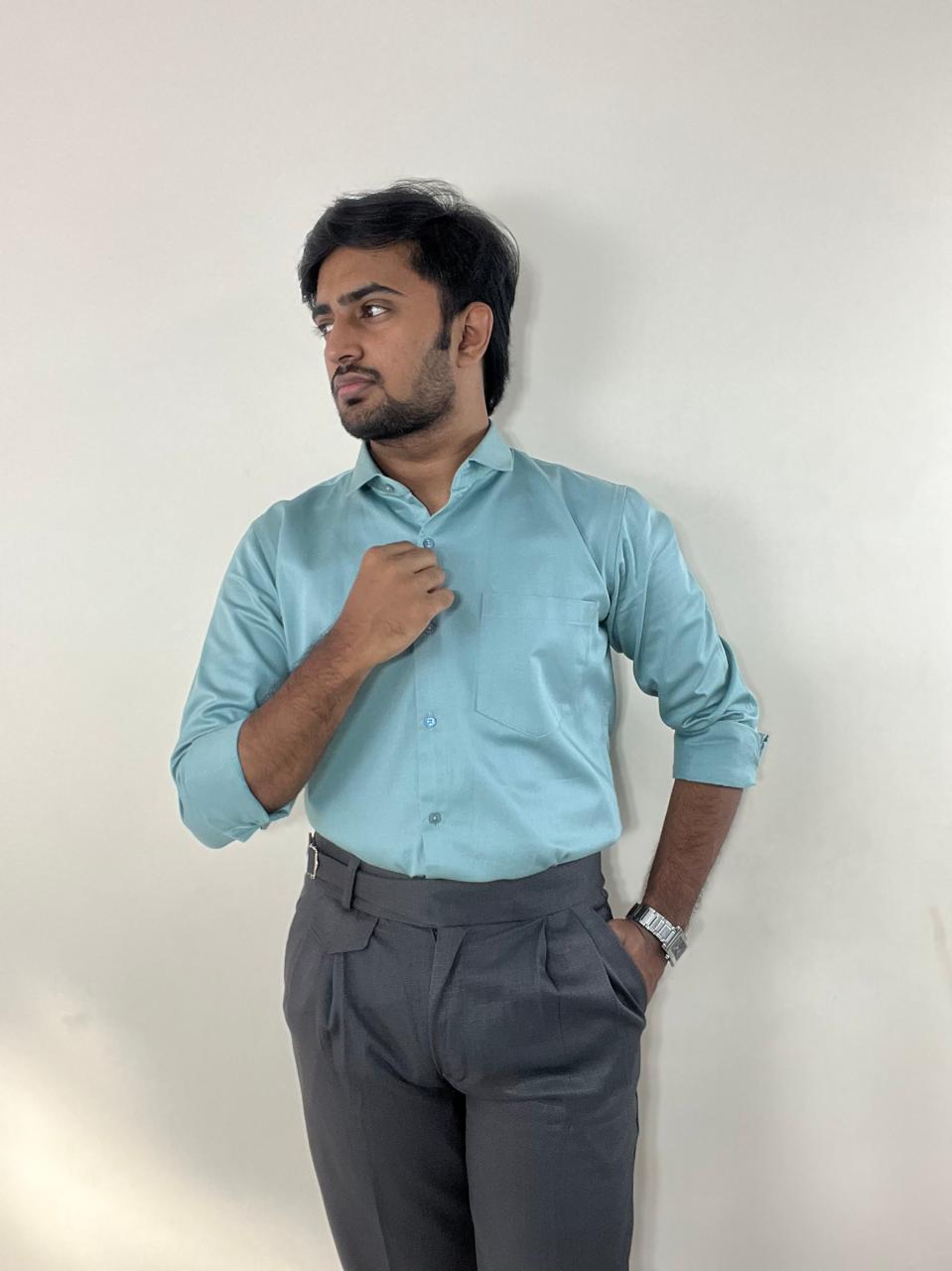 Sage green satin shirt & grey linen Gurkha pants set