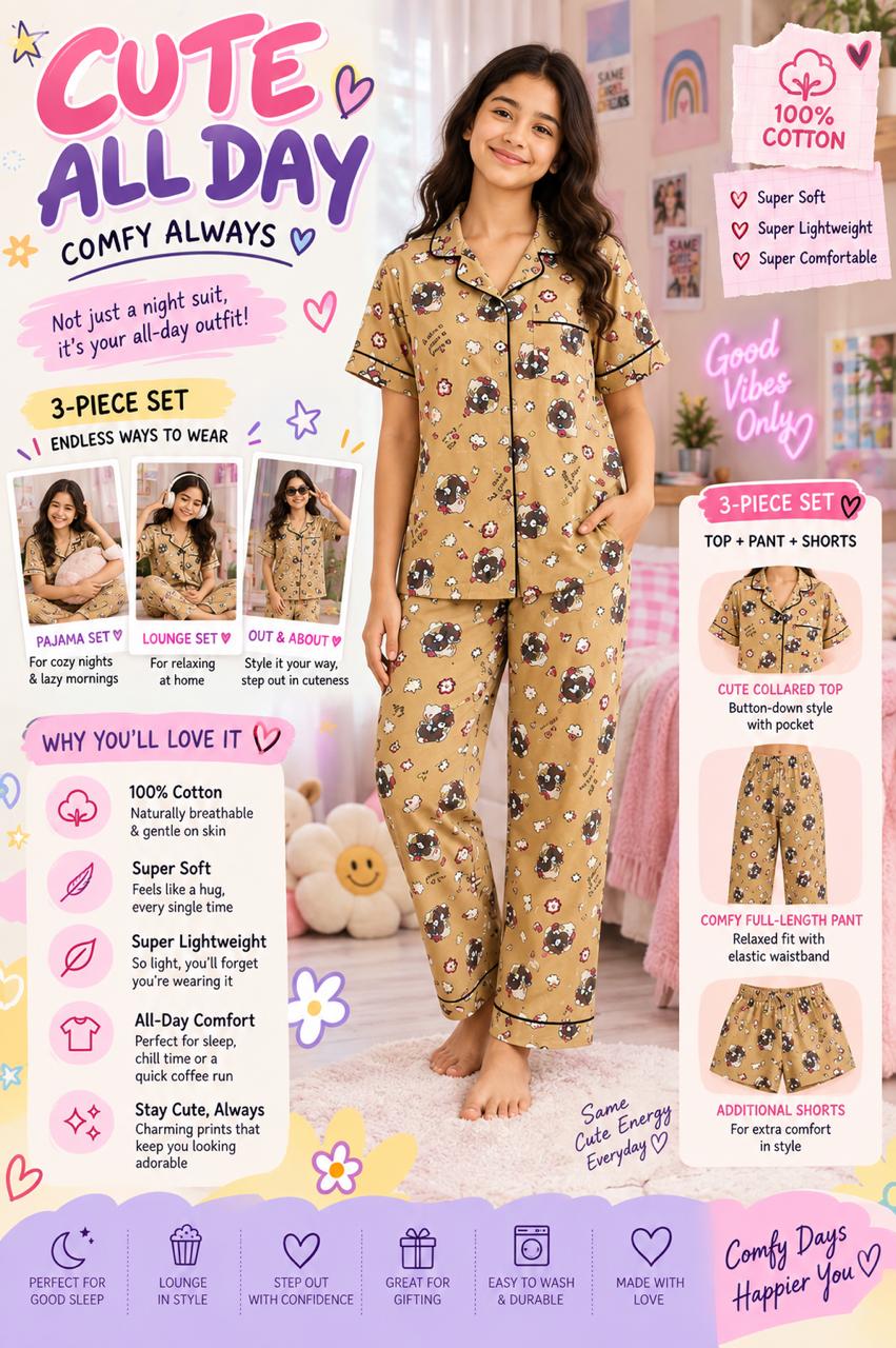 Kids Sweet kitty Printed Premium 3-Piece Cotton Lounge Set