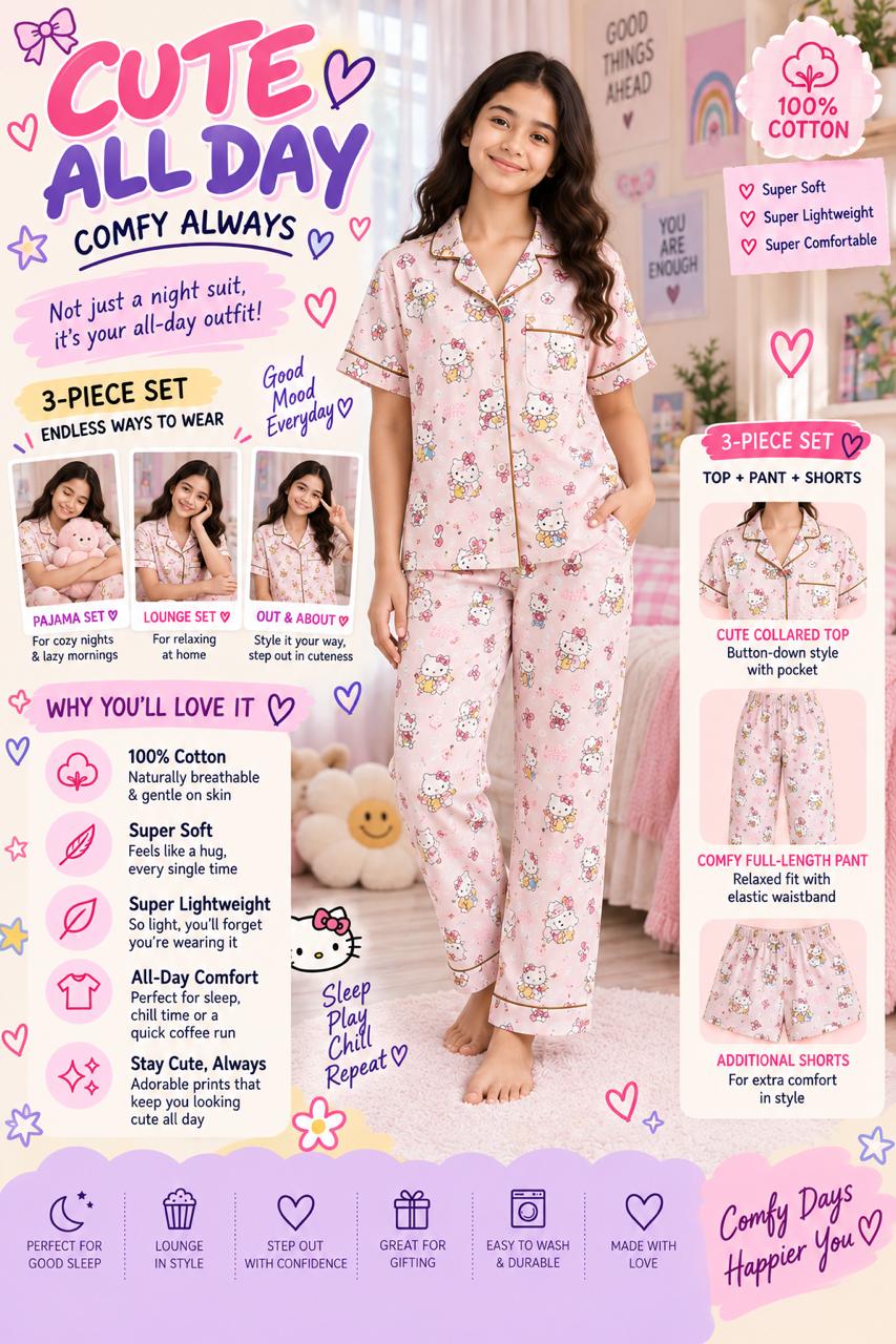 Kids baby pink Hello kitty Printed Premium 3-Piece Cotton Lounge Set