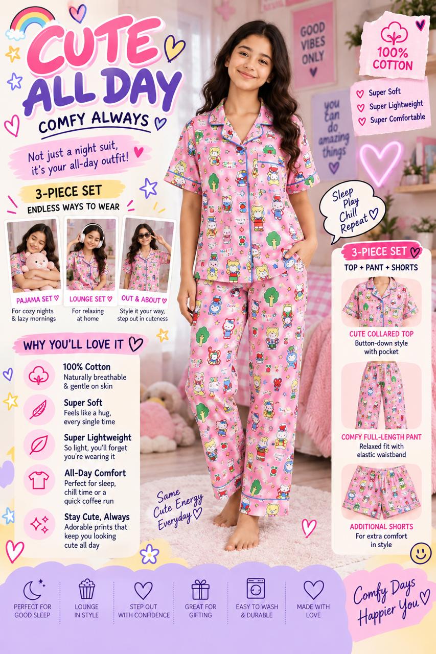 Kids Pink kitty Printed Premium 3-Piece Cotton Lounge Set