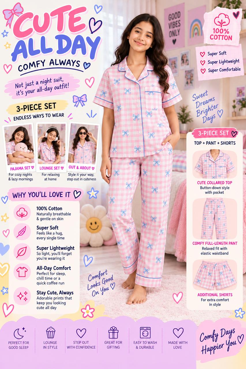 Kids Bow Printed Premium 3-Piece Cotton Lounge Set