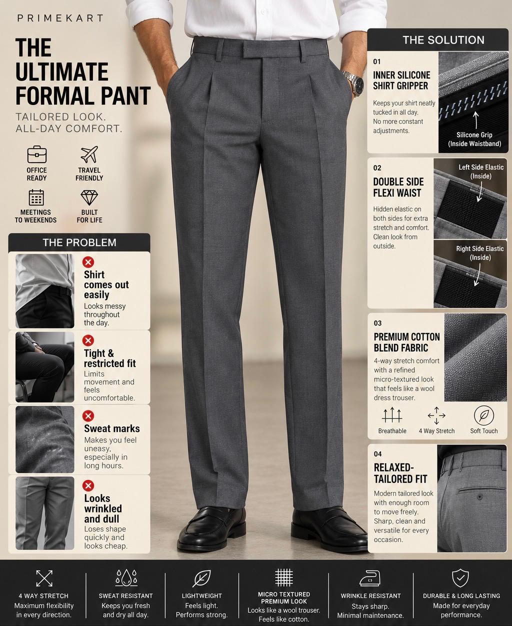Phantom grey Premium French Terry 4-Way Stretch Formal Pants with Flexi Waist | Textured Tailored Fit