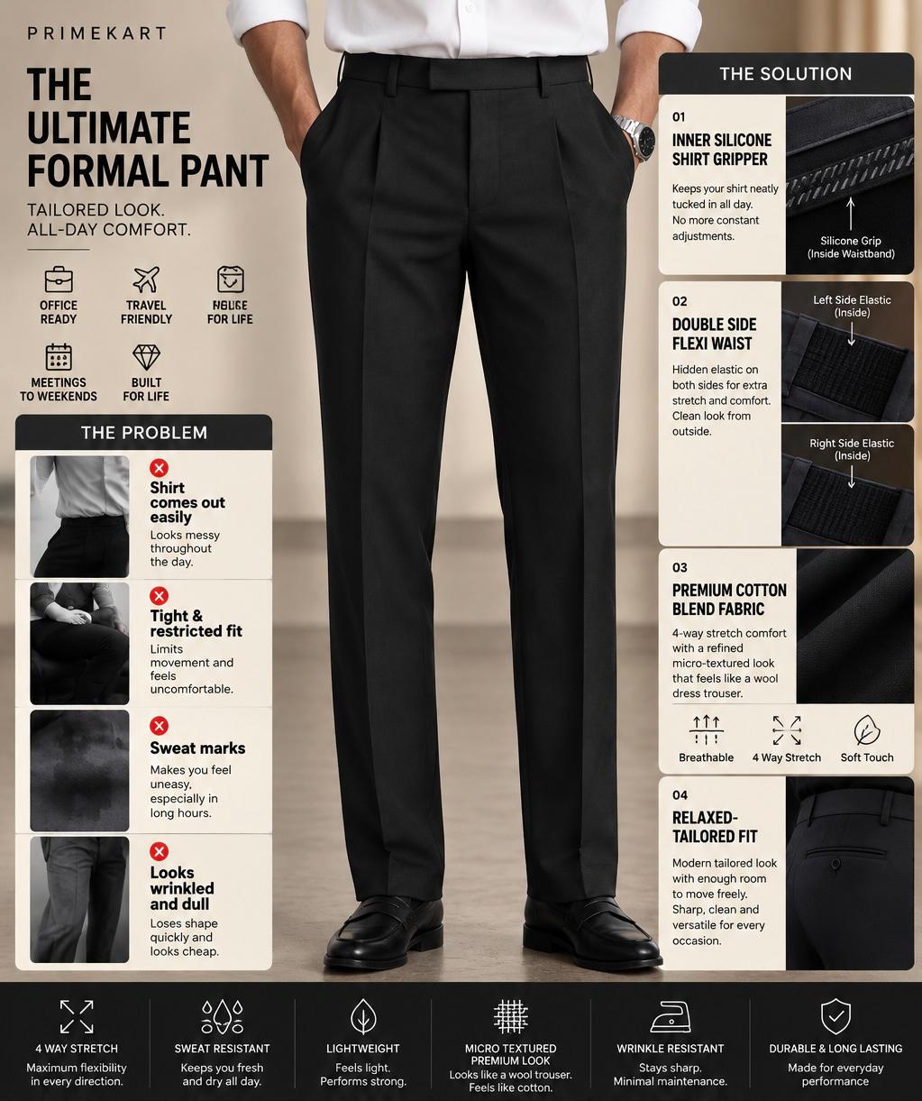 Midnight black Premium French Terry 4-Way Stretch Formal Pants with Flexi Waist | Textured Tailored Fit