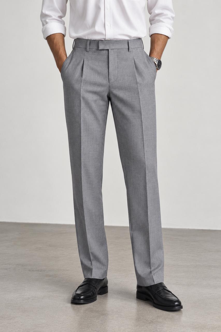 Moonstone grey Premium French Terry 4-Way Stretch Formal Pants with Flexi Waist | Textured Tailored Fit