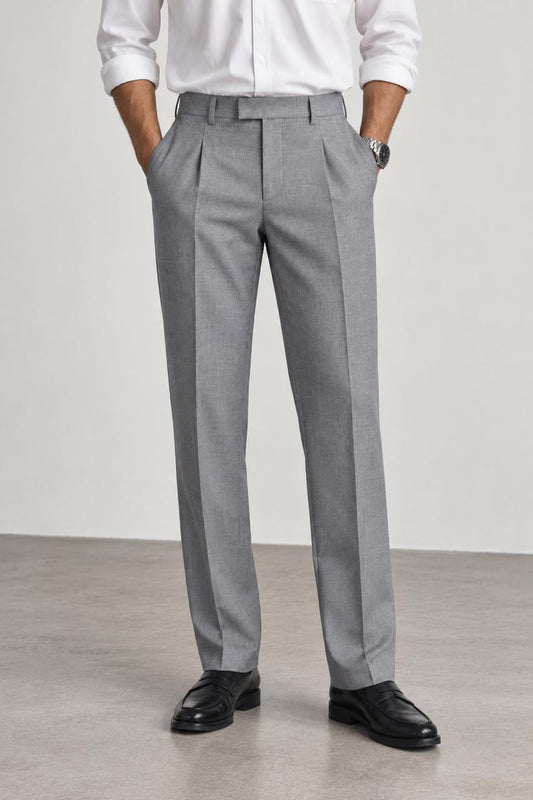 Moonstone grey Premium French Terry 4-Way Stretch Formal Pants with Flexi Waist | Textured Tailored Fit