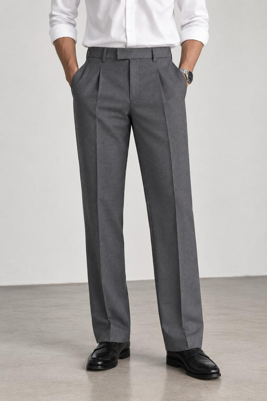 Phantom grey Premium French Terry 4-Way Stretch Formal Pants with Flexi Waist | Textured Tailored Fit